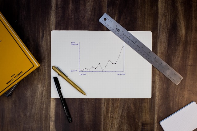 A chart of data sits on a desk with a ruler, pencil, and pen.